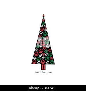 Hergestellt aus Pfotenabdrucken Weihnachtsbaum. Frohes neues Jahr Grußkarte Stock Vektor