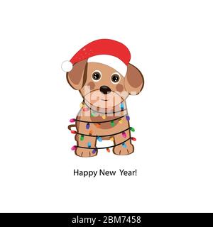Niedlicher Hund mit weihnachtsmann Hut und Glühbirne. Frohes neues Jahr Grußkarte Stock Vektor