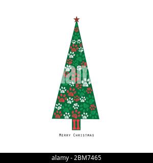 Hergestellt aus Pfotenabdrucken grünen weihnachtsbaum. Frohes neues Jahr Grußkarte Stock Vektor