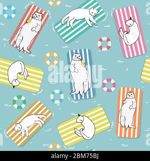 Handgezeichnete lustige Katzen Sonnenbaden am See Stock Vektor