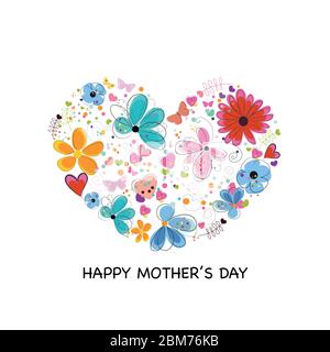 Herz mit abstrakten bunten Blumen, Herzen und Schmetterlingen. Frohe Grußkarte zum Muttertag Stock Vektor