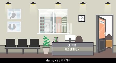 Leere Klinik Rezeption Innenraum, moderne Möbel, Cartoon Vektor Illustration Stock Vektor