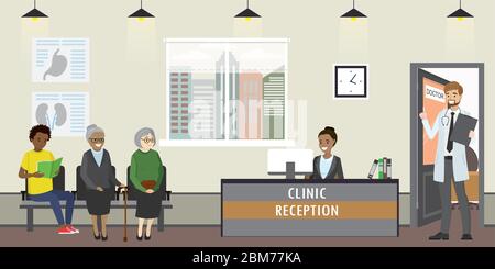 Klinik Empfang Innenraum mit Möbeln, Arzt und alte Frau Patienten, afroamerikanische Rezeptionistin, Cartoon Vektor Illustration Stock Vektor