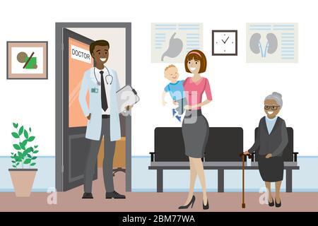 Cartoon Menschen warten und reden, african american männlichen Arzt vor dem Büro, flache Vektor-Illustration Stock Vektor