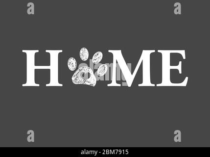 „Home“-Text mit Pfotenabzügen und Herz mit grauem Hintergrund Stock Vektor
