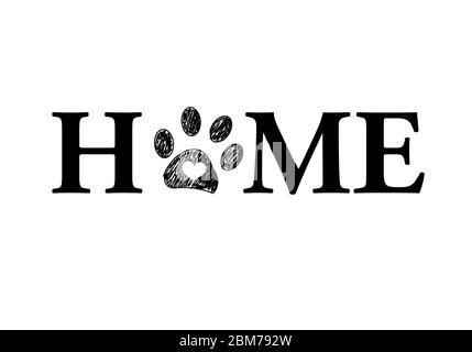 ''Home''' Text mit Pfotenabzügen und Herz Stock Vektor