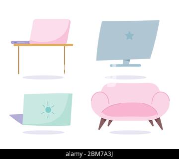 Laptop Computer Schreibtisch und Sofa Dekoration Arbeit Symbole Set Vektor Illustration Stock Vektor