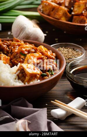 Traditionelles chinesisches Essen Mapo Tofu Gericht mit Schweinefleisch Schnittlauch gedämpfter Reis Sojasauce sichuan Pfeffer Knoblauch und Gewürze Nahaufnahme Stockfoto