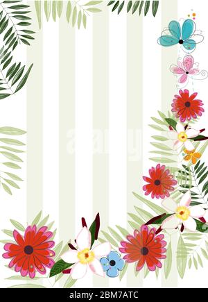 Nahtloses Flamingo-Muster. Tropische bunte Blumen. Babydusche, Karte für Sommerparty. Grußkarte mit Blumenhintergrund Stock Vektor