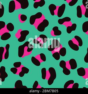 Nahtlose Faux Leopard Skin Muster mit rosa Flecken auf grünem Hintergrund. Vektor-Illustration Tier wiederholen Oberfläche Muster. Muster im Stil der 80er/80er Jahre. Stock Vektor