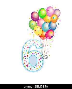 Happy Sixth birthday Kerze. Sechs nummerierte Ballon. Bunte Ballons. Hintergrund der Grußkarte Stock Vektor