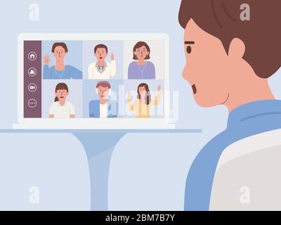 Rückansicht von Männern, die eine Videokonferenz mit seinem Team auf dem Laptop-Bildschirm für ein Geschäftstreffen sprechen. Illustration neue Normalität der Welt. Stock Vektor