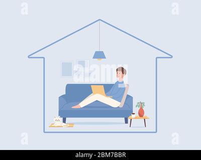 Mann, der sich auf dem Sofa im Wohnzimmer des Hauses entspannt und mit einem Computer-Laptop online arbeitet, eine Katze, die in seiner Nähe liegt. Illustration über zu Hause bleiben. Stock Vektor