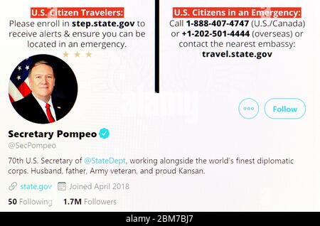 Twitter-Seite (Mai 2020) Mike Pompeo - Staatssekretär der Vereinigten Staaten Stockfoto