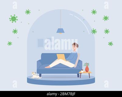 Mann, der auf dem Sofa sitzt und mit einem Computer in einem kleinen Glasraum arbeitet wie ein Schneeball. Konzept Illustration über zu Hause bleiben für schützen Virus. Stock Vektor