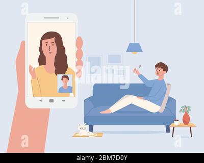 Männer, die ein Smartphone für Videoanrufe mit seinem Kollegen von zu Hause aus benutzen. Hand hält weißes Smartphone haben Frauen auf dem mobilen Bildschirm begrüßen ihre Freundin. Stock Vektor