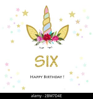 Sechste Kerze zum Geburtstag. Sechs. Einladung zum Unicorn Geburtstag. Grußkarte zur Einladung einer Partei Stock Vektor