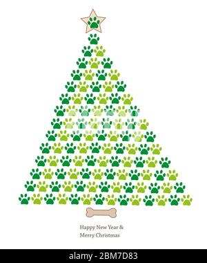 Weihnachtsbaum aus Pfotenabzügen. Frohes neues Jahr und fröhliche weihnachten Grußkarte.eps Stock Vektor