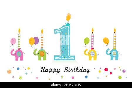 Glückwünsche zum Geburtstag Grußkarte mit Elefanten und Kerzen Stock Vektor