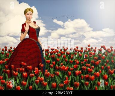 Schöne Frau in einem mittelalterlichen Prinzessin Kleid in einem roten Blumenfeld Tulpen im Sommer, 3d-Rendering. Stockfoto