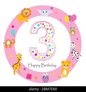 Dritter Geburtstag Baby Mädchen Grußkarte. Happy Third Geburtstag Kerze und Tiere ersten Geburtstag Stock Vektor