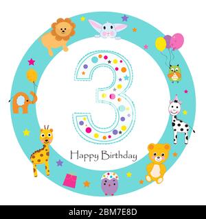 Baby Grußkarte zum dritten Geburtstag. Happy Third Geburtstag Kerze und Tiere ersten Geburtstag Stock Vektor