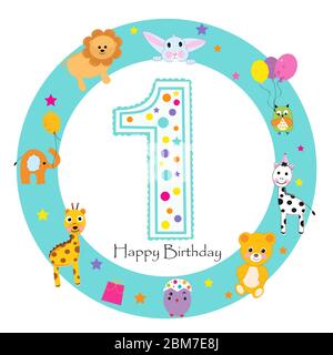Erster Geburtstag Baby Grußkarte. Happy First Birthday Kerze und Tiere ersten Geburtstag Stock Vektor