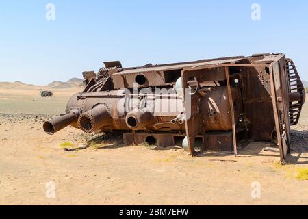 Der Zug wurde auf der historischen osmanischen Hejaz-Eisenbahn in Hadyjah, Saudi-Arabien, gesprengt Stockfoto