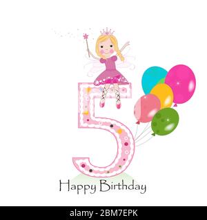 Alles gute zum fünften Geburtstag Grußkarte. Niedliche Märchen Vektor-Illustration Stock Vektor