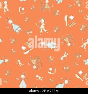 Chaotisch Haar Vektor nahtlose Muster Hintergrund. Lustige Infografik Covid 19 Quarantäne orange Hintergrund Skizze mit Stock Frauen, Schere Pinsel Stock Vektor