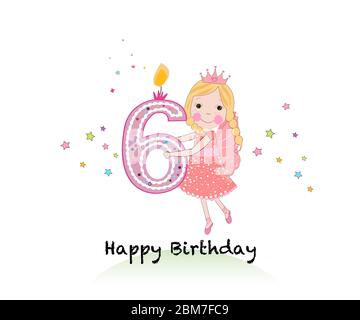 Happy Sixth birthday Kerze. Mädchen Grußkarte mit niedlichen Märchen hält sechs Zahl Vektor Hintergrund Stock Vektor