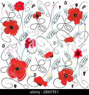 Dekorative rote Mohn Blumen abstrakten Muster Hintergrund. Roter Mohn Aquarellvektor Stock Vektor