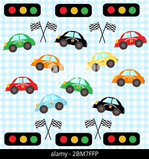 Farbenfrohes Rennauto. Kinder Zimmer Autos Vektor Illustration Muster Tapete. Stock Vektor