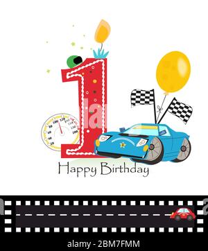 Happy First Birthday Kerze. Baby Junge Grußkarte mit Auto Vektor-Illustration Stock Vektor