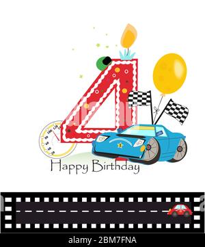 Happy Fouth Geburtstagskerze. Baby Junge Grußkarte mit Auto Vektor-Illustration Stock Vektor