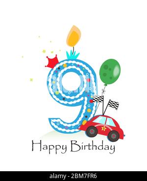 Happy neunten Geburtstag Kerze. Baby Junge Grußkarte mit Rennwagen Vektor-Illustration Stock Vektor