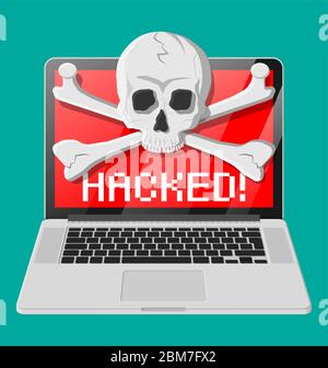 Totenschädel und Crossbones auf dem Laptop-Bildschirm. Internet-Phishing, gehackte Anmeldung und Passwort. Computer Netzwerk und Internet-Sicherheitskonzept. Antivirus, Spyware, Malware. Vektor-Illustration flach Stil Stock Vektor