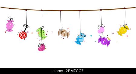 Bunte süße Süßigkeiten. Traditionelle Süßigkeiten für den Urlaub in Seker Bayram. Vektorgrafik Grußkarte Stock Vektor