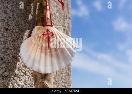 Stock und Muschel des Camino de Santiago auf Granitsteinmauer lehnend. Santiago de Compostela Pilgerfahrt Konzept. Kopierbereich Stockfoto