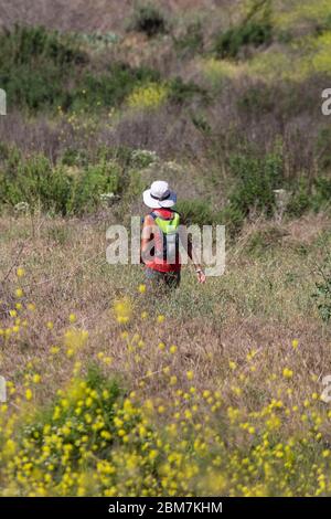 Einige begrenzte Wanderwege sind in Orange County California wie diese in Bommer Canyon in Irvine offen. Schilder erinnern Wanderer 6 Fuß auseinander zu bleiben und folgen Bundessozialdistanzierung. Mai 2020 Stockfoto