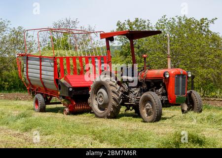 Traktor mit Heusammler auf dem Feld Stockfoto