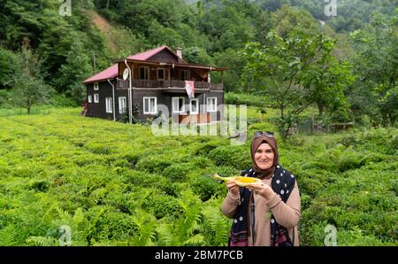 Rize / Türkei - August 06 2019: Türkische Touristen-Frau isst gekochten Mais und Holzhaus mit Teefeld in der Nähe von Senyuva (Cinciva) Brücke über Firtin Stockfoto