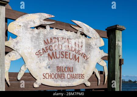 Biloxi Oyster Schooner Charters Zeichen betrieben von der Maritime and Seafood Industry Museum, Mississippi Gulf Coast, USA. Stockfoto