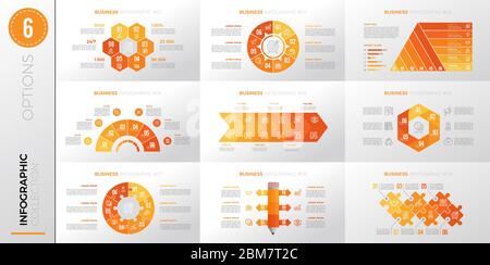 Infografik Business Template mit 6 Optionen. Gelbe Version. Stock Vektor