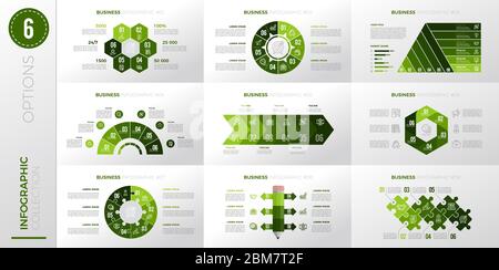 Infografik Business Template mit 6 Optionen. Version in grüner Farbe. Stock Vektor