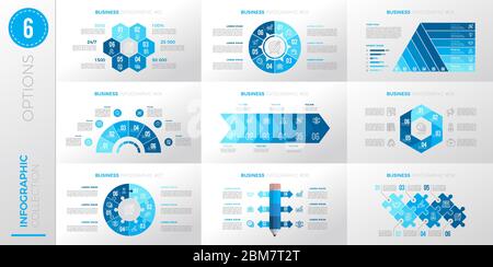 Infografik Business Template mit 6 Optionen. Blaue Version. Stock Vektor