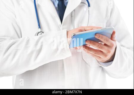 Arzt mit Handy Nahaufnahme Ansicht . Stockfoto