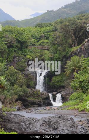 Mehrere Wasserfall des Palikea Bach durch vulkanisches Gestein mit Scaevola taccada wächst auf dem Felsen an den Sieben heiligen Pools in Hana, Ma Stockfoto