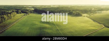 Warme Luft Panorama Blick auf malerischen Herbst Morgen Sonnenaufgang. Diagonal grünen Wald, schwarze Straße, landwirtschaftlichen Feld Nebel und Stromleitungen. Stockfoto