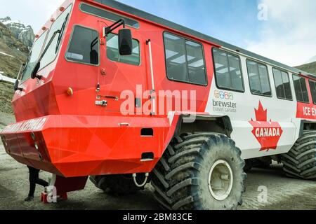COLUMBIA ICEFIELD, ALBERTA, KANADA - JUNI 2018: Nahaufnahme eines riesigen, speziell gebauten Fahrzeugs mit sechs Rädern, das Touristen auf den Athabasca-Gletscher bringt Stockfoto